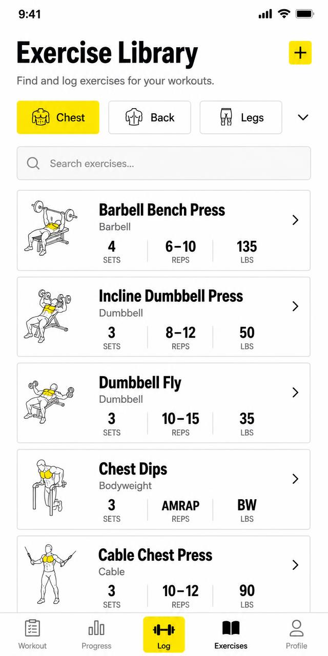 InkPeak exercise library screen with muscle group filters